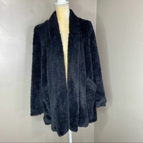 Kenneth Cole Faux Fur Black Coat Medium Women Open Front - Picture 1 of 12